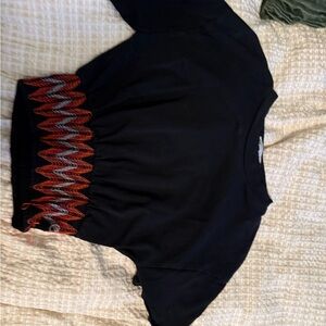 Zara Black Tee with Red and Gray Zigzag